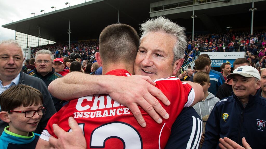 Cork manager Kieran Kingston celebrates with his son Shane Kingston after Cork’s win over Tipperary in the Munster GAA Senior Hurling Championship quarter-final at Semple Stadium on Sunday. Photograph: Cathal Noonan/Inpho