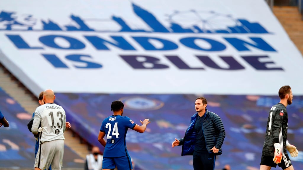 Chelsea manager Frank Lampard congratulates Reece James after the FA Cup semi-final win over Manchester United. Photo: Alastair Grant/POOL/AFP via Getty Images