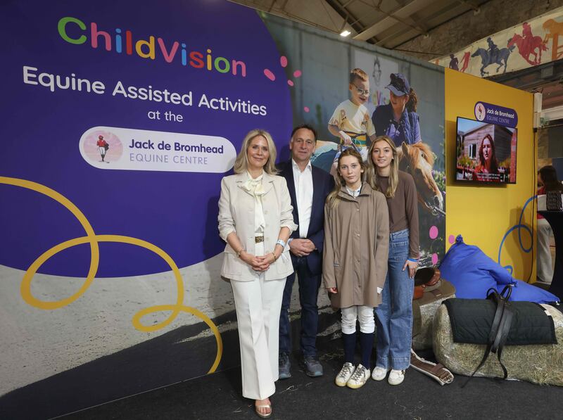 Henry de Bromhead with his wife Heather and daughters Mia and Georgia at the Jack de Bromhead Equine Centre on the ChildVision campus in Drumcondra. Photograph: Leon Farrell/Photocall Ireland