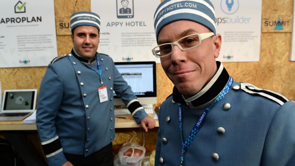 JP Dumas (left) and Mike Darnell, Appy Hotel based in Hong Kong, at the opening day of the Web Summit. Photo: Dara Mac Dónaill