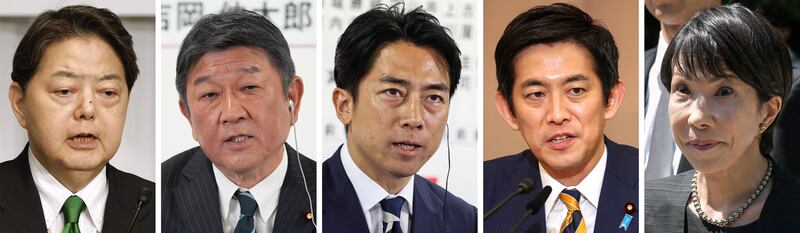 (L to R) Expected candidates in the election to lead Japan's Liberal Democratic Party:  Chief Cabinet Secretary Yoshimasa Hayashi; former foreign minister Toshimitsu Motegi; Minister of Agriculture Shinjiro Koizumi; former economic security minister Takayuki Kobayashi and former minister of state for economic security Sanae Takaichi.  Photographs: AFP