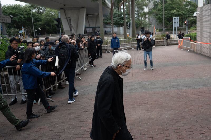 Cardinal Joseph Zen arrives at the West Kowloon Court Buildings in Hong Kong. Photograph: Bertha Wang/EPA