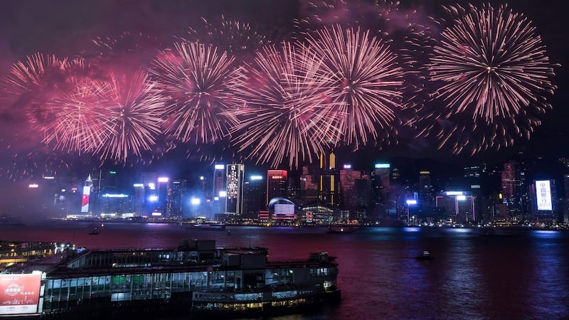 Fireworks explode over Victoria Harbour in Hong Kong to mark the 20th anniversary of the handover of the territory from Britain to China. Photograph: Dale de la Rey/AFP/Getty Images