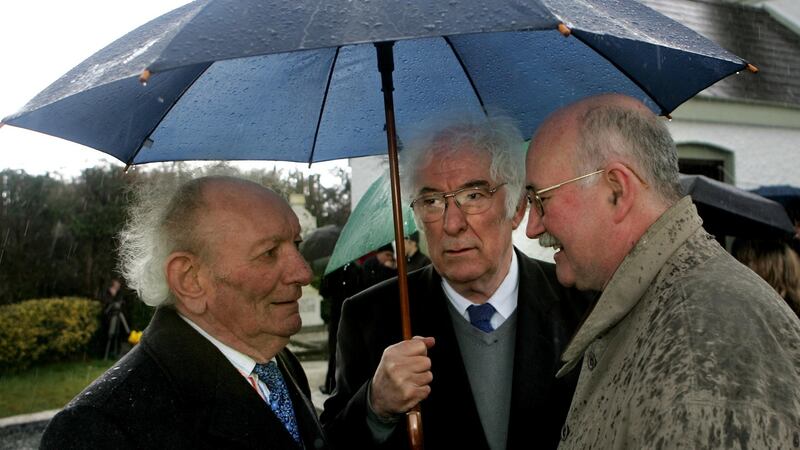 Seamus Heaney, Brian Friel and Peter Fallon at the funeral of John McGahern in St Patrick’s Church, Aughawillan, Co Leitrim. Photograph: Matt Kavanagh