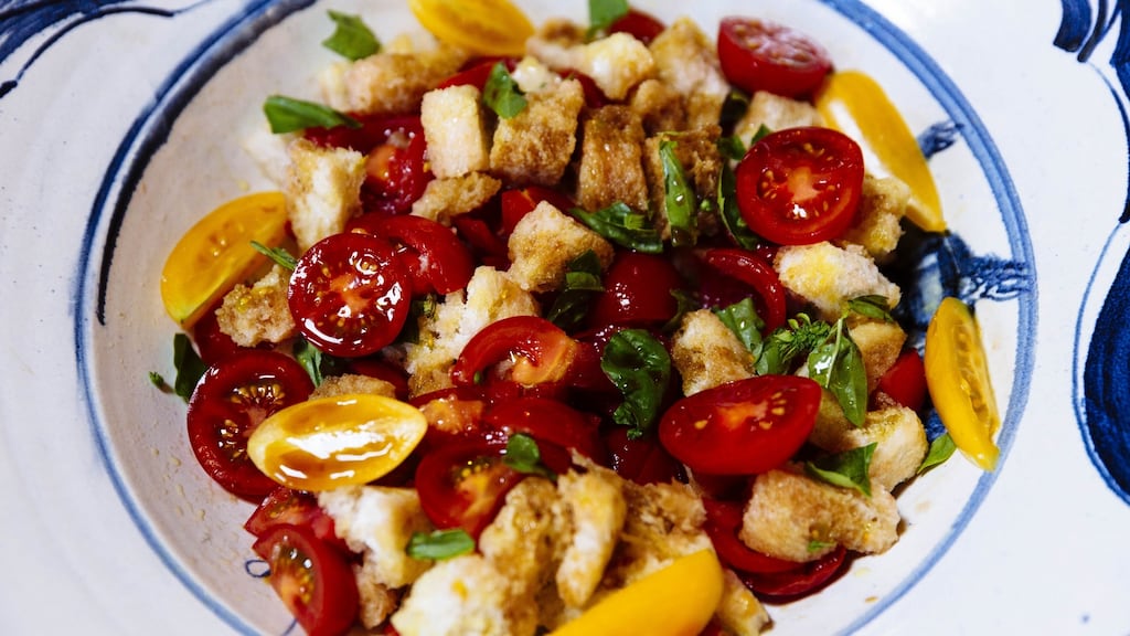 Not just any old leftovers but tomato, basil and bread salad. Photograph: Emma Jervis
