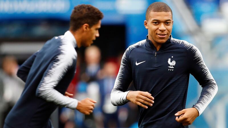 Kylian Mbappé takes part in a French training session in Nizhny Novgorod ahead of the World cup quart-final against Uruguay. Photograph: Franck Robichon/EPA