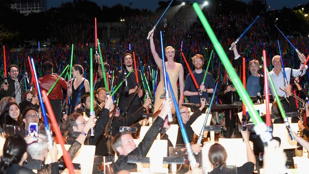 John Williams’s iconic Star Wars symphonic score gets a fresh workout by  as the cast and film-makers of Star Wars: The Force Awakens join some 6,000 fans at a surprise concert in San Diego on July 10th, 2015. Photograph: Michael Buckner/Getty