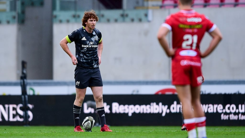 Munster’s Ben Healy prepares for the final kick of the game in the Pro 14 game against Scarlets at Parc y Scarlets. Photograph: Ryan Hiscott/Inpho