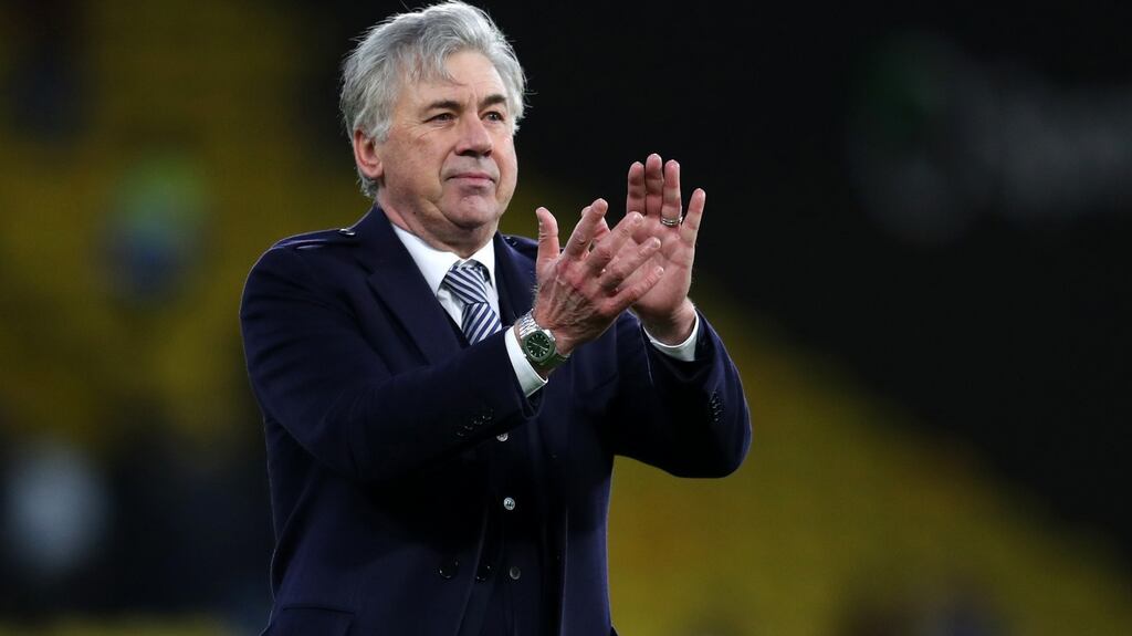 Everton manager Carlo Ancelotti applauds after their victory over Watford at Vicarage Road on February 1st. It was the first time Everton had come from behind to win in the Premier League since December 2017. Photograph: Catherine Ivill/Getty Images