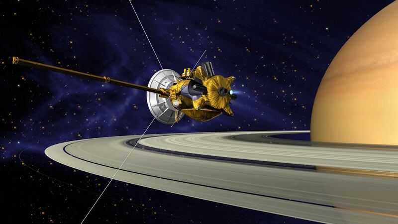 Nasa issues an artist’s conception of Cassini orbiting of Saturn as the spacecraft heads towards its final plunge into the planets atmosphere. Photograph: EPA/Nasa/JPL Caltech