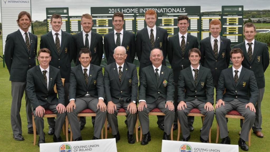 The Irish team that will defend the Home International title at Royal Portrush: Front row: Rowan Lester, Colm Campbell, Tony Goode (team captain), Michael Connaughton (president, GUI), Dermot McElroy and John Ross Galbraith. Back row: Neil Manchip (National coach), Stuart Grehan, Paul McBride, Colin Fairweather, Robin Dawson, Alex Gleeson, Gavin Moynihan and Jack Hume. Photograph: Pat Cashman.