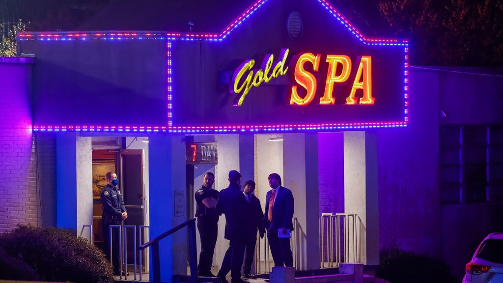 Atlanta police at the scene of a shooting outside a massage parlour on Piedmont Road in Atlanta. Photograph: EPA/Erik S Lesser