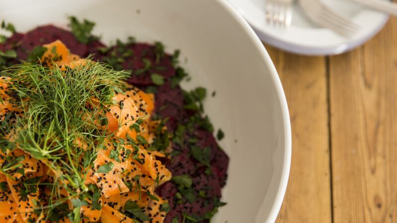 Spiced beetroot and carrot salad with garlic and cardamom. Photograph: Emma Jervis