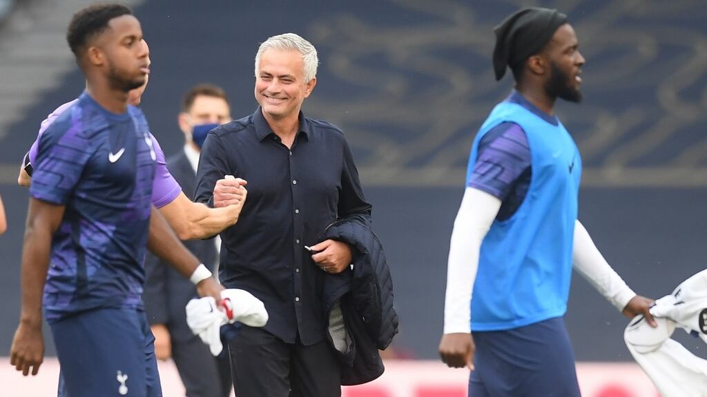 Tottenham’s manager José Mourinho congratulates his players after their 2-1 win over Arsenal at Tottenham Hotspur Stadium on Sunday. Photograph: Michael Regan/NMC/Pool/EPA