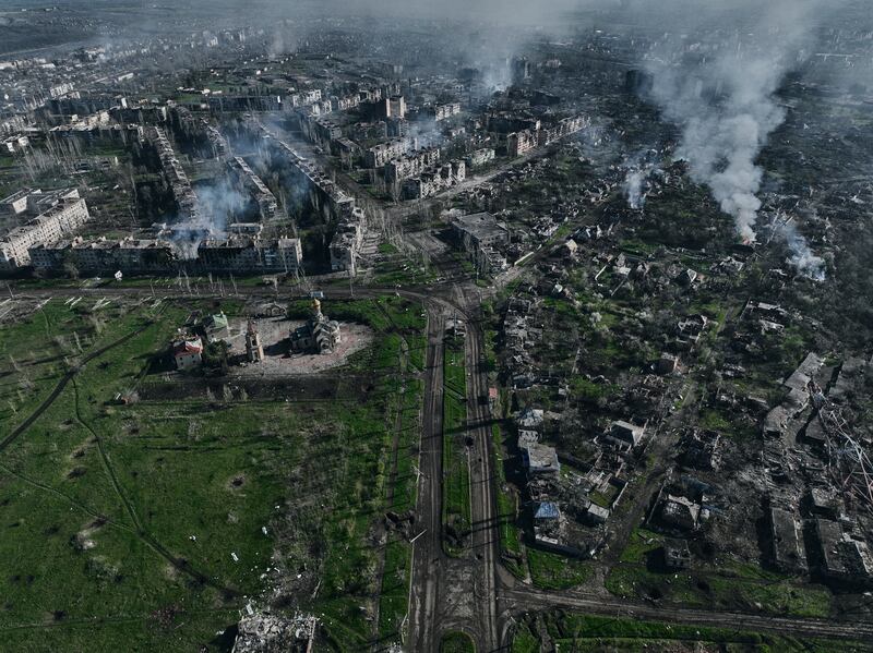 Smoke rises from buildings in Bakhmut, the site of the heaviest battles with the Russian troops in the Donetsk region. Photograph: Libkos/AP