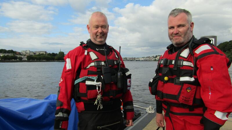 Dougie McGhee (left) and Brian McGuigan, Foyle Search and Rescue, at their base on the river Foyle, just south of Derry city. Photograph: Freya McClements