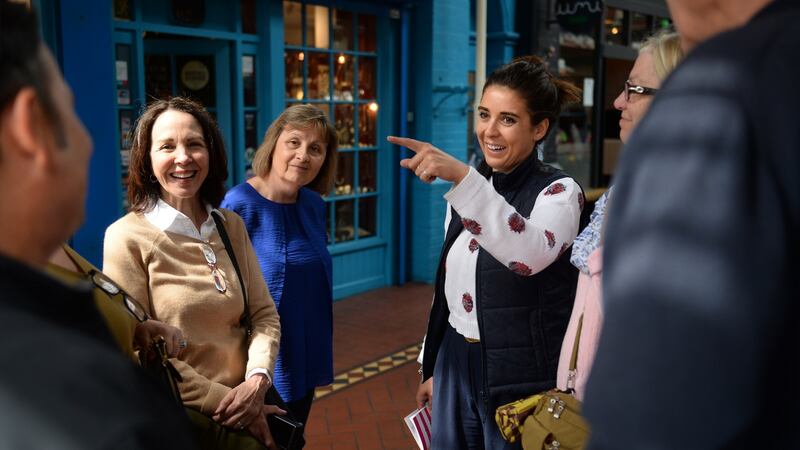 Carole Freilich from Florida, Julie Glock from London and Erica Drum of Fab Food Trails outside Lolly and Cooks in the George’s Street Arcade, Dublin. Photograph: Dara Mac Dónaill