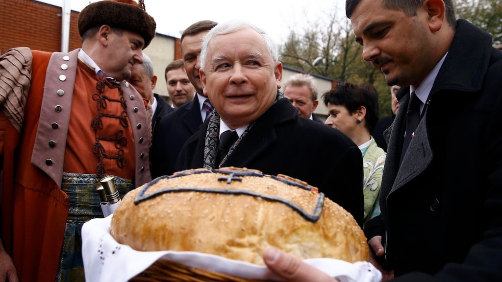 Poland’s main opposition party Law and Justice’s leader Jaroslaw Kaczynski meets citizens of Brzeziny, near Lodz, while campaigning in the country’s general election. Photograph: Kacper Pempel/Reuters