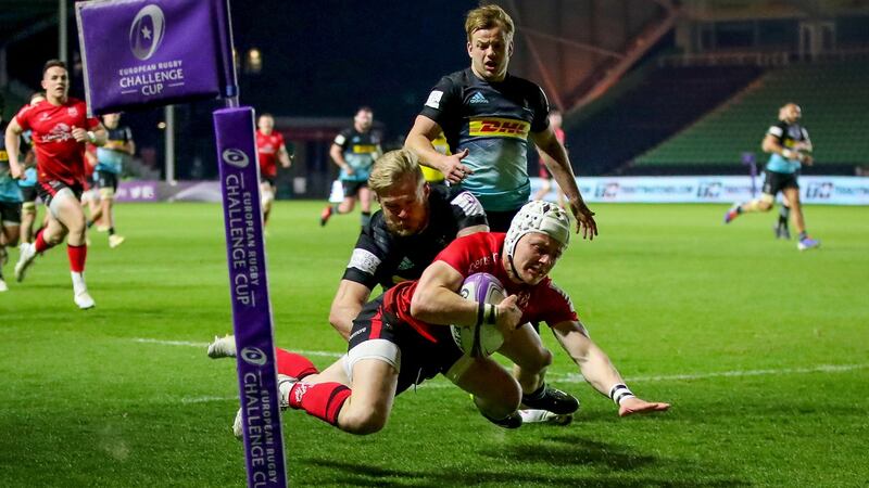 Michael Lowry dives to score during Ulster’s win over Harlequins. Photograph: James Crombie/Inpho