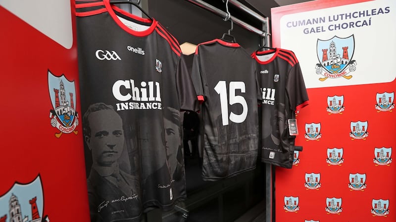 The Cork Gaa jersey to commemorate Tomás MacCurtain and Terence MacSwiney, with an image of the monument commemorating the Kilmichael ambush on the back. Photograph: Jim Coughlan