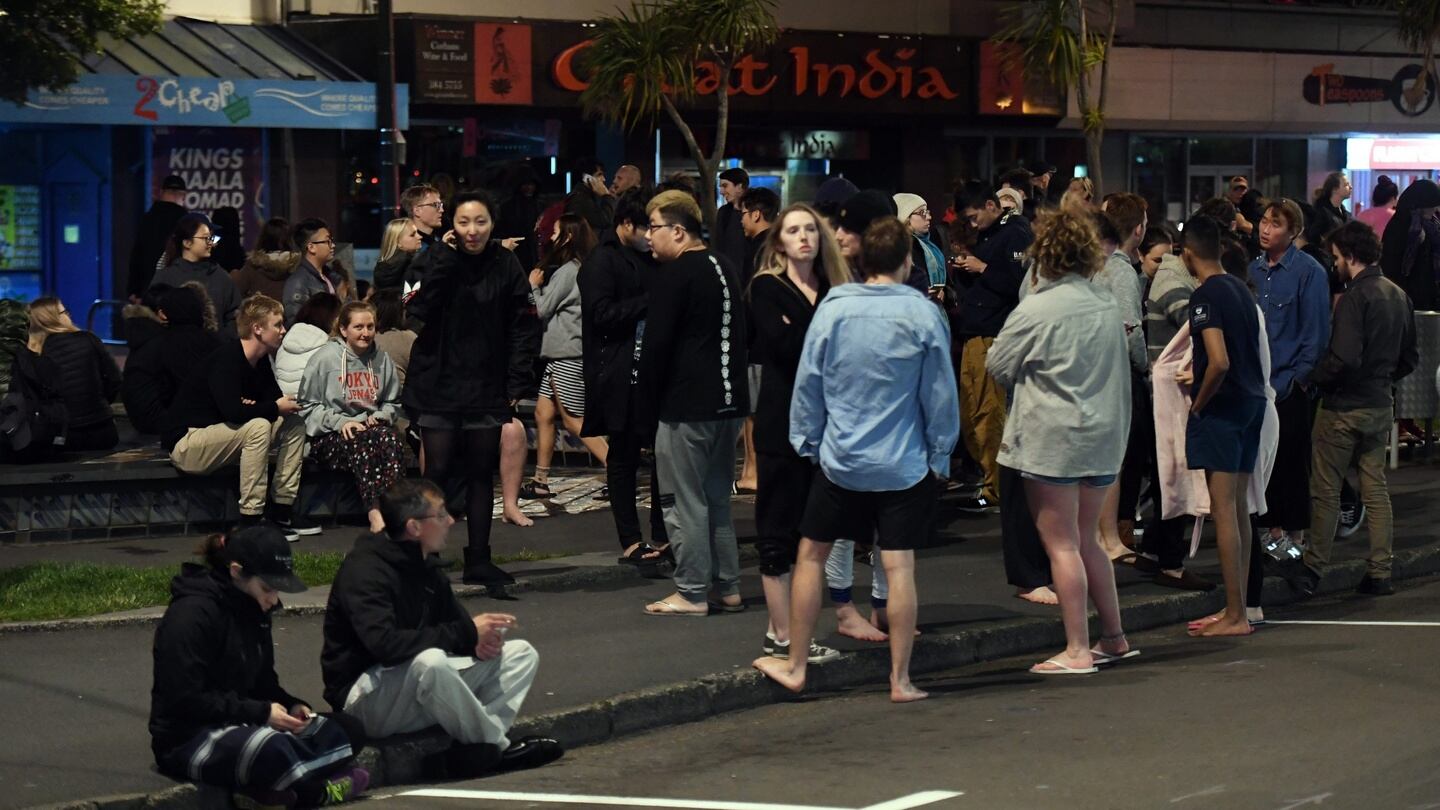 People evacuated from buildings along Dixon Street, Wellington, after an earthquake based around Cheviot on the South island shook the New Zealand capital. Photograph: Ross Setford/EPA