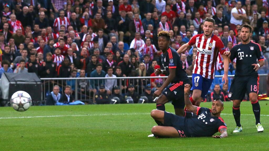 Arturo Vidal watches on as Saul Niguez scores Atlético Madrid’s winner against Bayern Munich. Photograph: Getty
