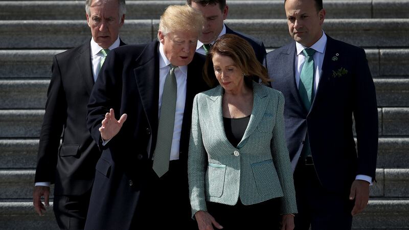 US president Donald Trump confers with Speaker of the House Nancy Pelosi, after St Patrick’s Day celebration on March 14, 2019 with Richard Neal and Taoiseach Leo Varadkar. Photograph: Win McNamee/Getty