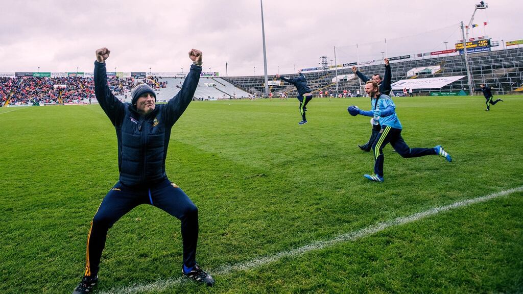 Tipperary’s manager Liam Cahill celebrates at the final whistle of the U21 final. Photograph: Tommy Dickson/Inpho