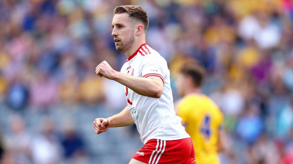 Tyrone’s Niall Sludden celebrates scoring his side’s opening goal against Roscommon at Croke Park. Photograph: James Crombie/Inpho