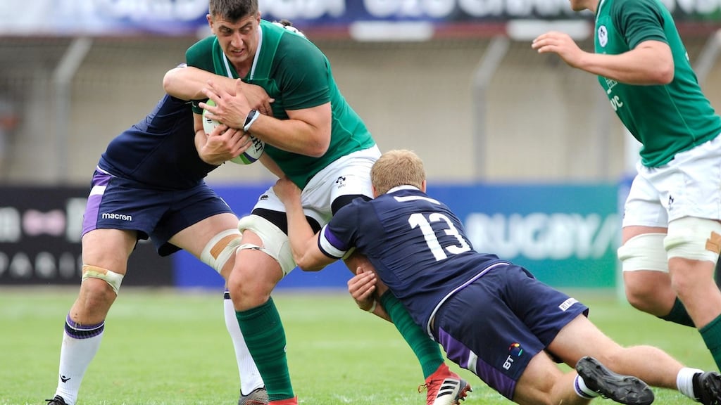 Ireland’s Matthew Dalton in action against Scotland in the Under-20 World Championship in Stade Aime-Giral, Perpignan, France. Photograph: Pascal Rodriguez