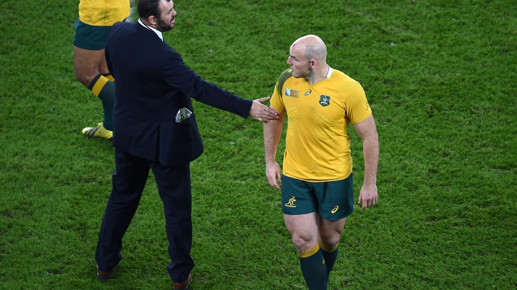 Australia’s Captain Stephen Moore and Head Coach Michael Cheika after the Rugby World Cup Final Photograph: Andrew Matthews/PA Wire.