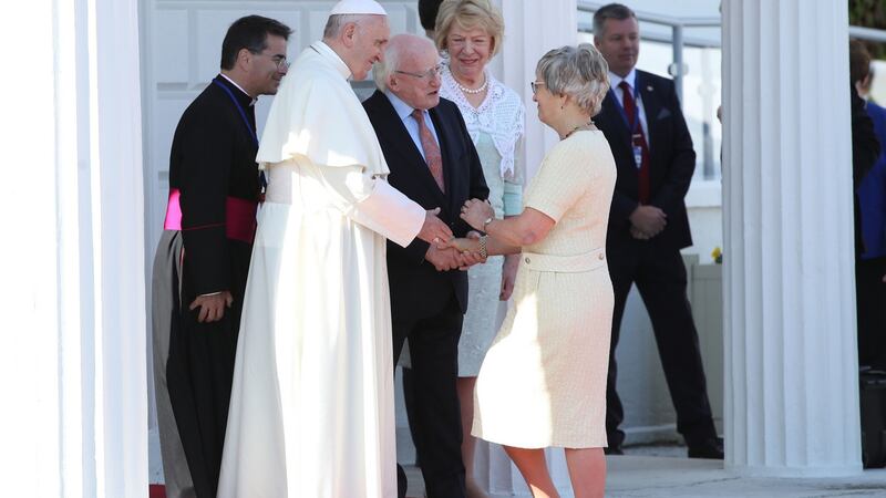 Pope Francis  shakes hands with Minister for Children Katherine Zappone at Áras an Uachtaráin in  Dublin. Photograph:  Danny Lawson/PA Wire.