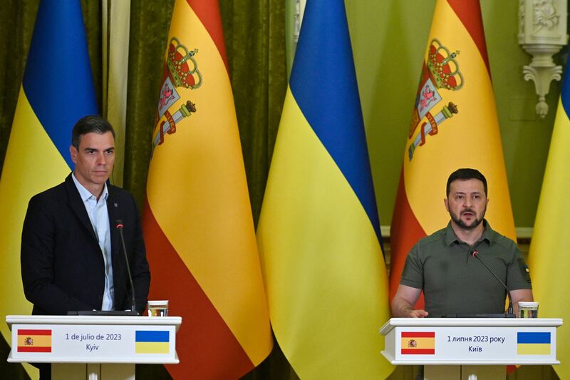 Spain's prime minister Pedro Sanchez and Ukrainian president Volodymyr Zelenskiy address a joint press conference following their talks in Kyiv. Photograph: Sergei Chuzavkov/AFP