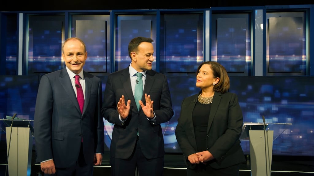 Fine Gael leader Leo Varadkar with Fianna Fáil leader Micheál Martin and Sinn Féin president Mary Lou McDonald before the start of Tuesday’s leaders’ debate on RTÉ. Photograph: Aidan Crawley/EPA