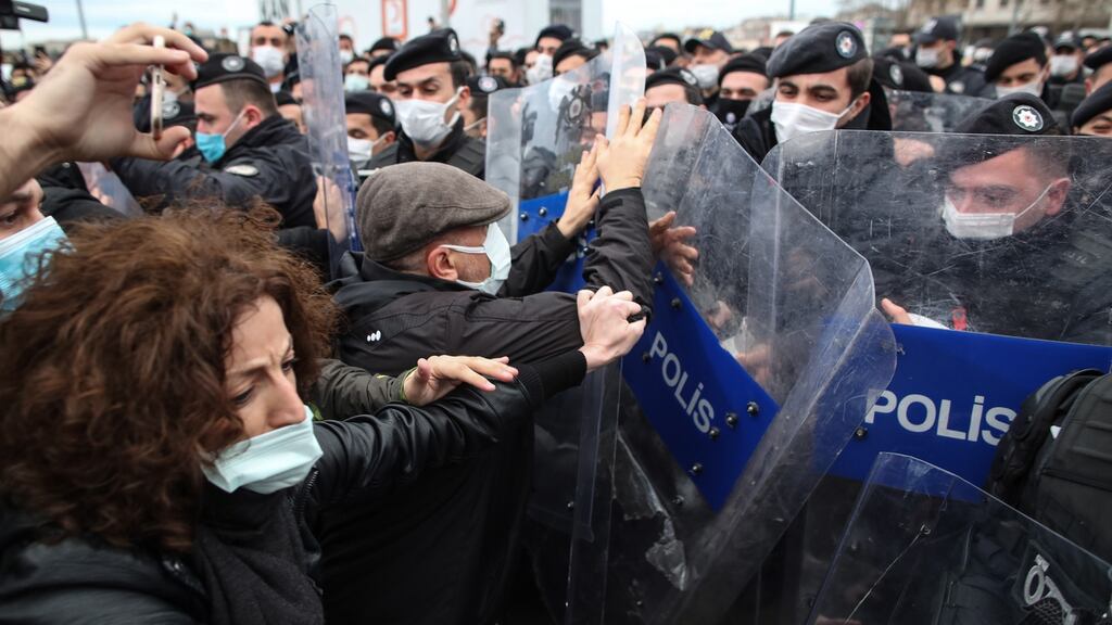 Turkish riot police clash with protesters opposed to Turkish president Erdogan’s appointment of party member Melih Bulu as the new rector of Bogazici University in Istanbul. Photograph: Tolga Bozoglu/EPA