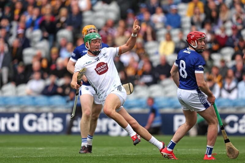 Jack Sheridan celebrates after scoring Kildare's second goal. Photograph: Bryan Keane/Inpho