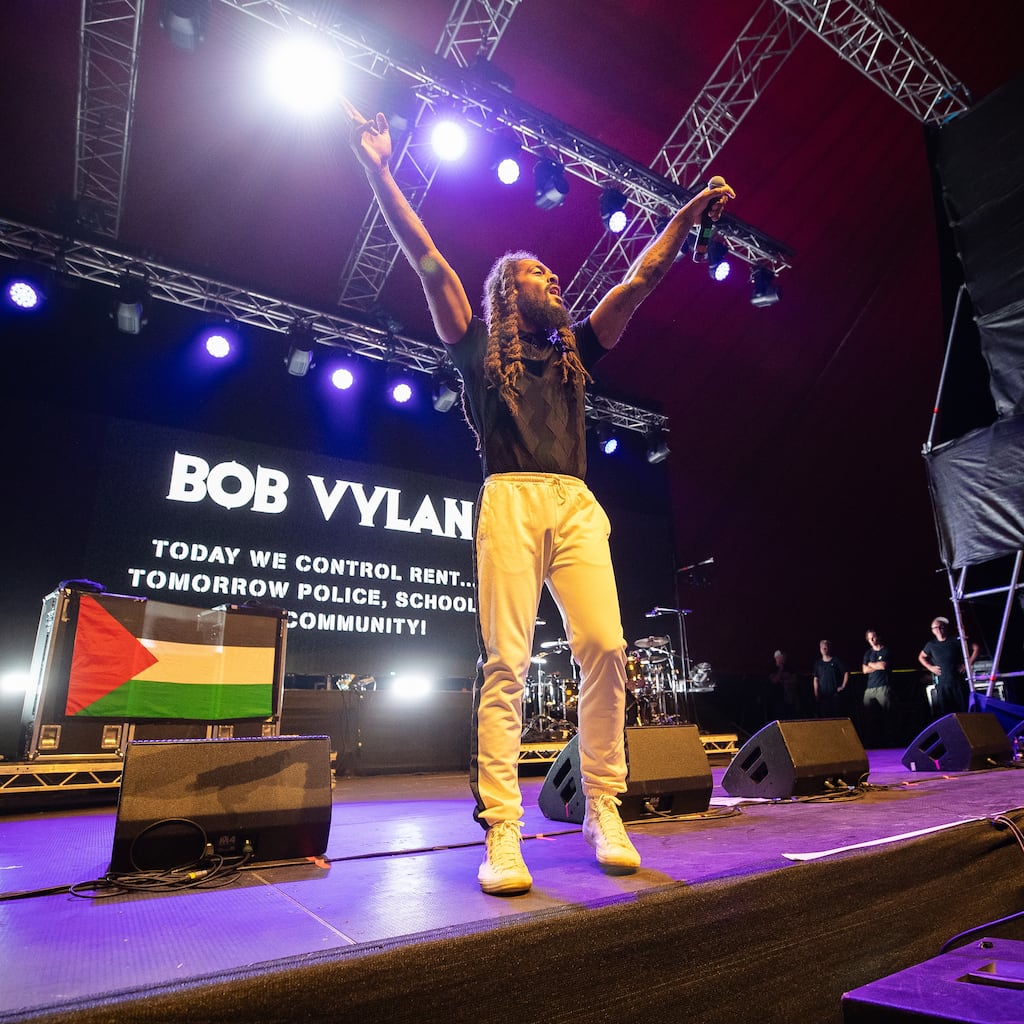 All Together Now 2025: Bobby Vylan of Bob Vylan on stage on Sunday. Photograph: Kieran Frost/Redferns
