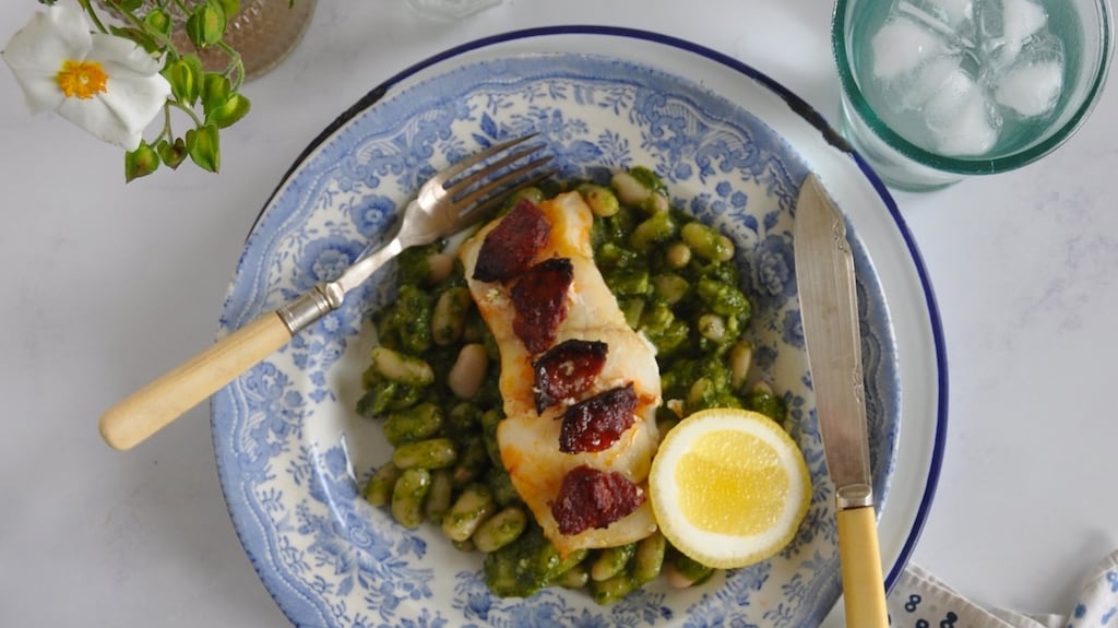 Fish with chorizo and pesto