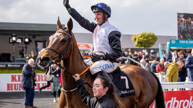 Robbie Power onboard Magic Daze celebrates winning the Handicap Steeplechase at Punchestown on Thursday. Photograph: Morgan Treacy/Inpho