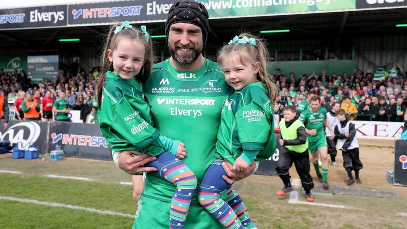 Connacht captain John Muldoon walks out with two of his nieces ahead of the Guinness Pro 14 game against Leinster at the Sportsground in Galway. Photograph: Dan Sheridan/Inpho