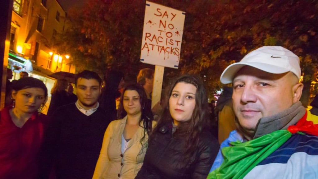 Stelian Ciuciu (right), with his children Jennifer, Miriama, Stelian Jnr and Mirabella, representing the Roma community at the anti-racism rally in Waterford. Photograph: Patrick Browne