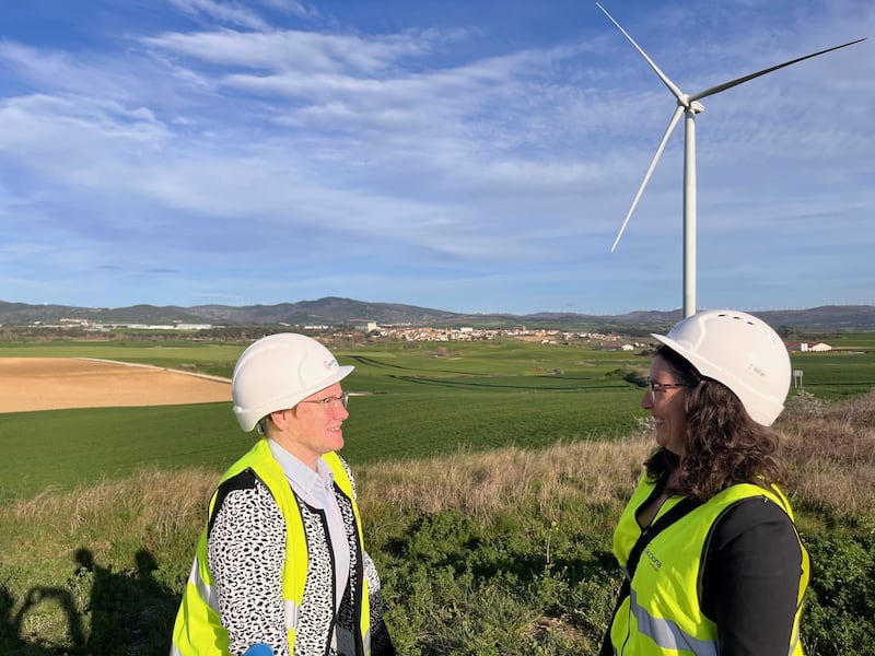 Former mayor of Barásoain Rita Roldan and current mayor Silvia Arrastia on the site of a wind farm in Navarre owned by Acconia. Photograph: Kevin O'Sullivan