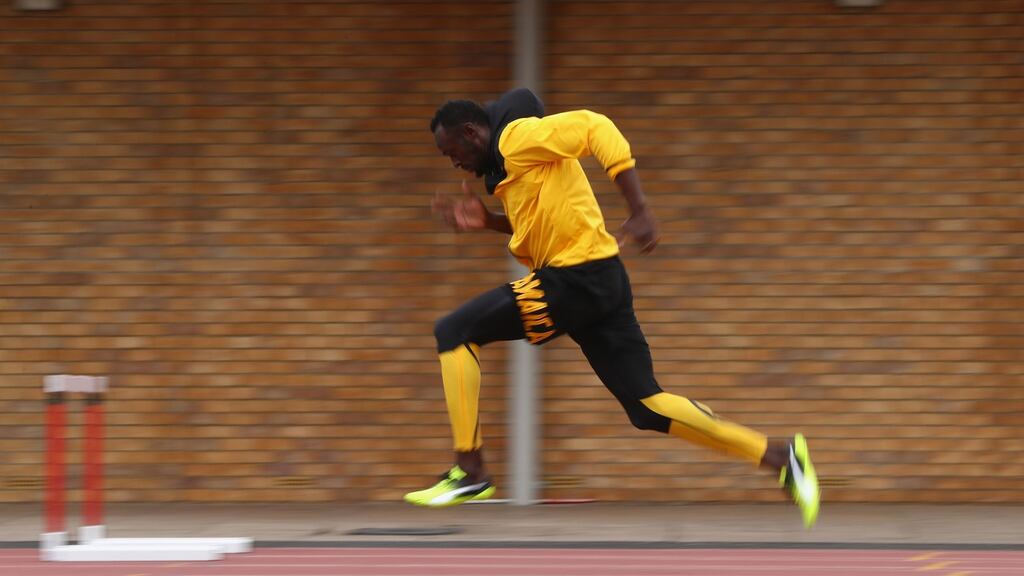 Usain Bolt  during a training session ahead of the World Athletics Championships in London 2017. Photograph: Michael Steele/Getty