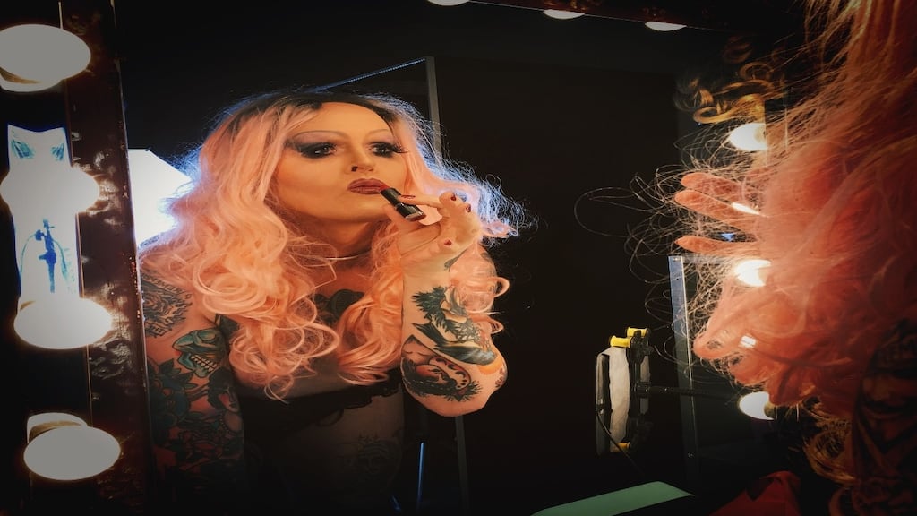 Adeline Berry, drag artist, getting ready for a performance. She is an occasional user of online social media platform OnlyFans