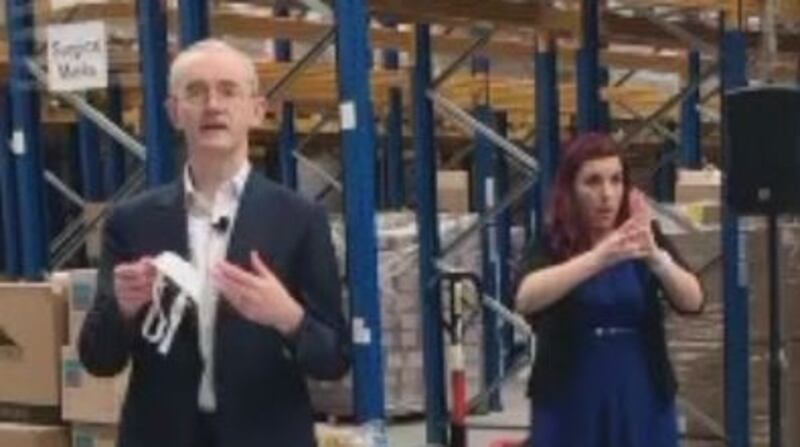 Prof Martin Cormican shows one of the facemasks delivered from China. Screengrab: RTÉ News Now