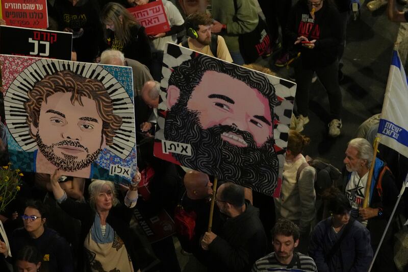 People take part in a protest in Tel Aviv demanding the immediate release of hostages held by Hamas in the Gaza Strip. Photograph: Maya Alleruzzo/AP