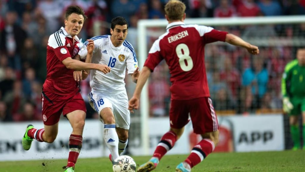 Armenia’s Henrik Mkhitaryan (centre) is a transfer target for Liverpool. Photograph: Jens Noergaard Larsen/Scanpix/Reuters