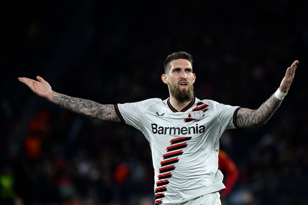 Robert Andrich celebrates after scoring Bayer Leverkusen's second goal during the Uefa Europa League semi final, first leg against AS Roma at the Stadio Olimpico in Rome. Photograph: Filippo Monteforte/AFP via Getty Images