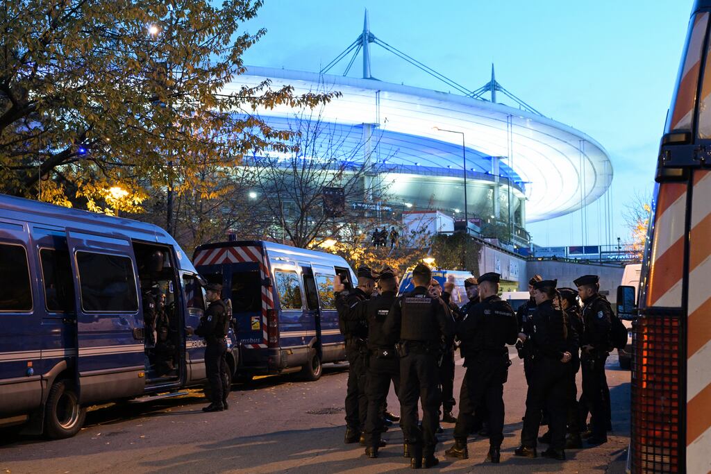 French gendarmes outside the Stade de France ahead of the Uefa Nations League match between France and Israel, in Paris on Thursday. Photograph: Bertrand Guay/AFP via Getty