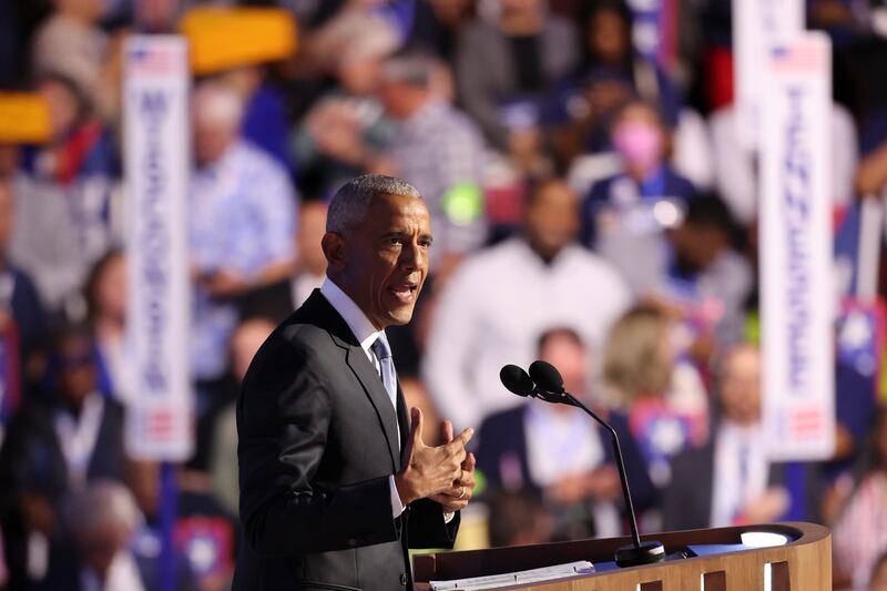 Barack Obama paid tribute to Joe Biden and gave an enthusiastic endorsement to Kamala Harris. Photograph: Maddie McGarvey/The New York Times
